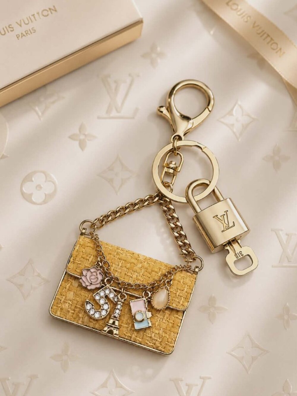 LV Authentic Gold Lock & Key 🔑 Luxury Bag Charm w/ Unbranded Tweed Bag Keychain